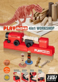 PLAYmake 4 In 1 Houtbewerkingsmachine Houtdraaibank -Speel Actief Verkoop Playmake Flyer speelactief