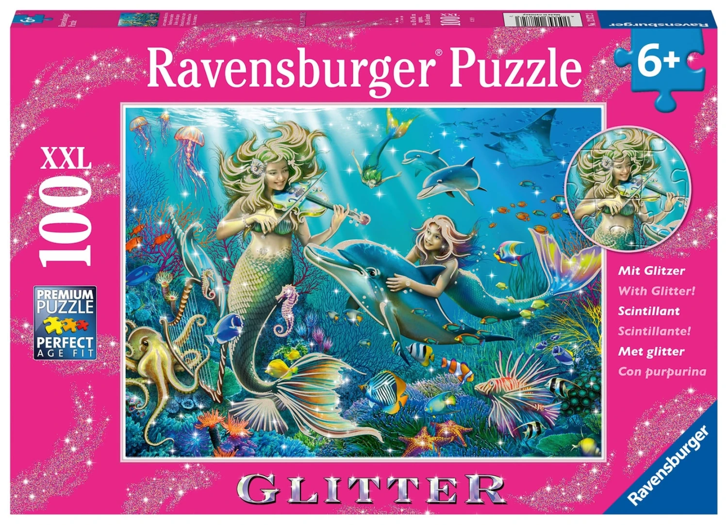 Zeemeermin Glitter Puzzel Ravensburger 100 Stukjes XXL 3 Zeemeermin Glitter Puzzel Ravensburger 100 Stukjes XXL
